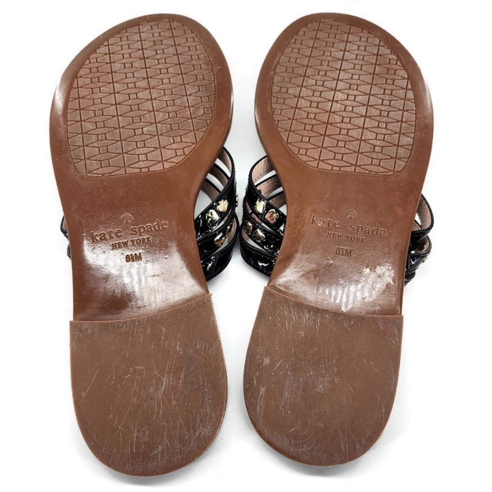 Kate Spade Carol Black Patent Leather Gold Spade Studs Slide-On Thong Sandals - Picture 11 of 11